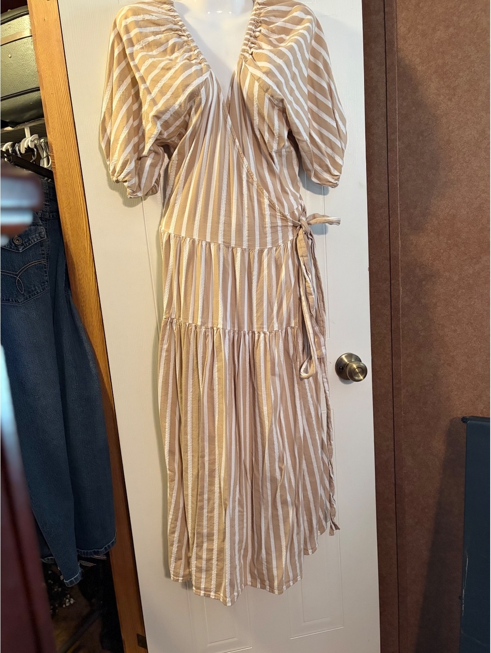 Old Navy Beige and White Striped Midi Dress with Puff Sleeves
